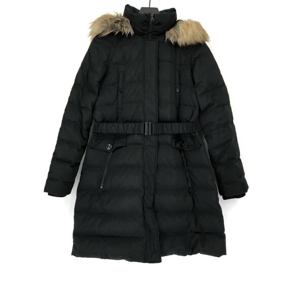 JONES NEW YORK Belted Puffer Jacket Faux Fir Trim Black M - Picture 1 of 14